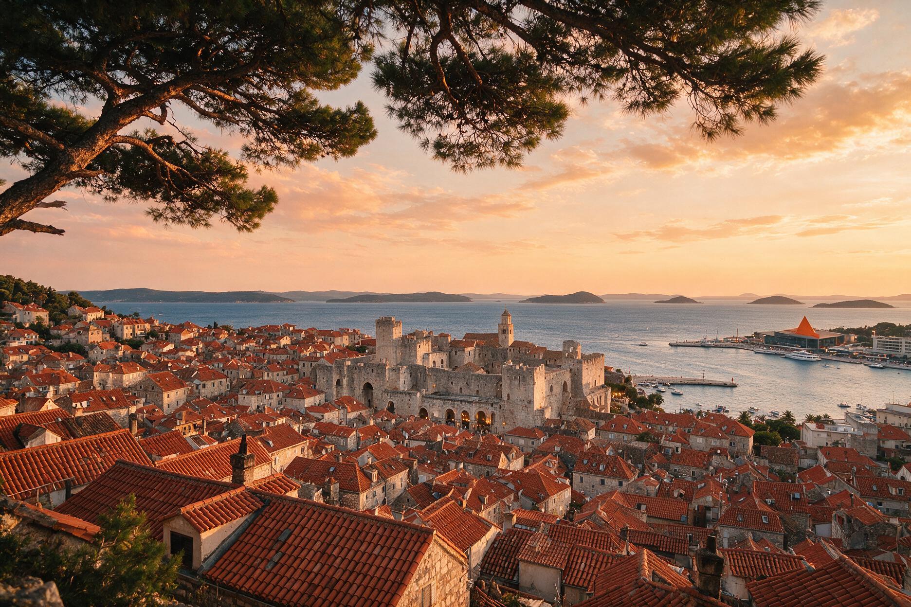 View over Split old town and the Adriatic from a quiet Marjan Hill viewpoint at sunset