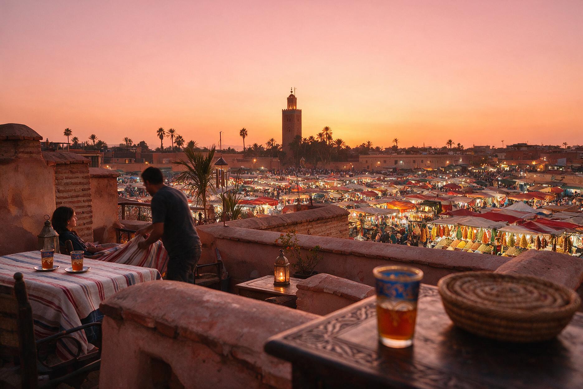 Sunset view of the Koutoubia minaret from a Marrakech medina rooftop cafe