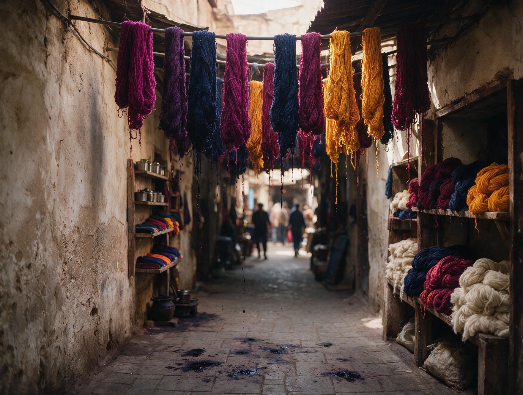 Dyed wool hanging to dry in Marrakech's Souk Sebbaghine dyers market