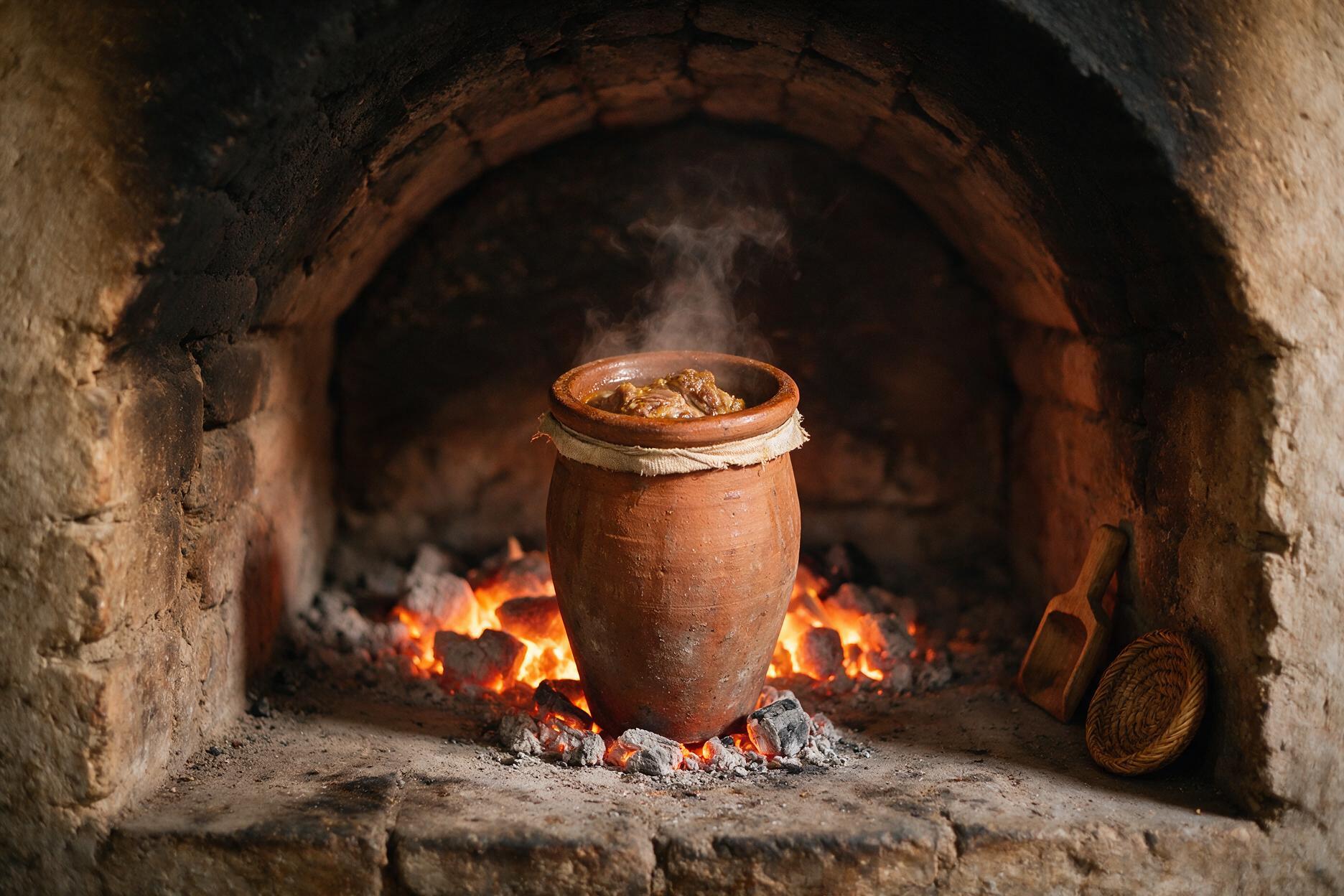 Traditional clay tanjia urn cooking slowly in a Marrakech neighborhood hammam furnace