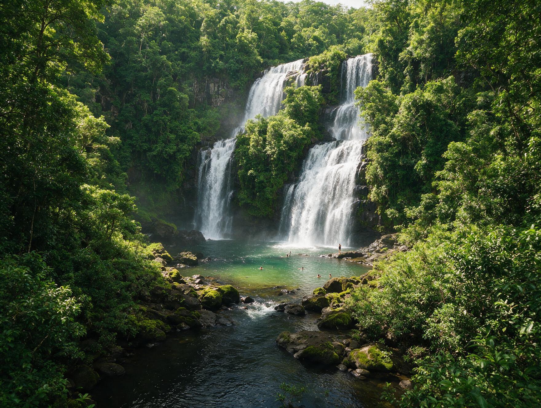 Tamarind Falls cascading through lush forest in Mauritius
