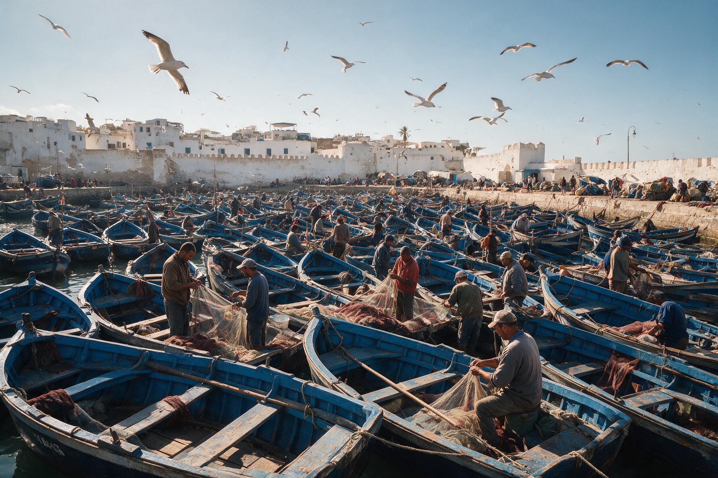 Essaouira fishing port with blue boats and whitewashed medina ramparts at golden hour