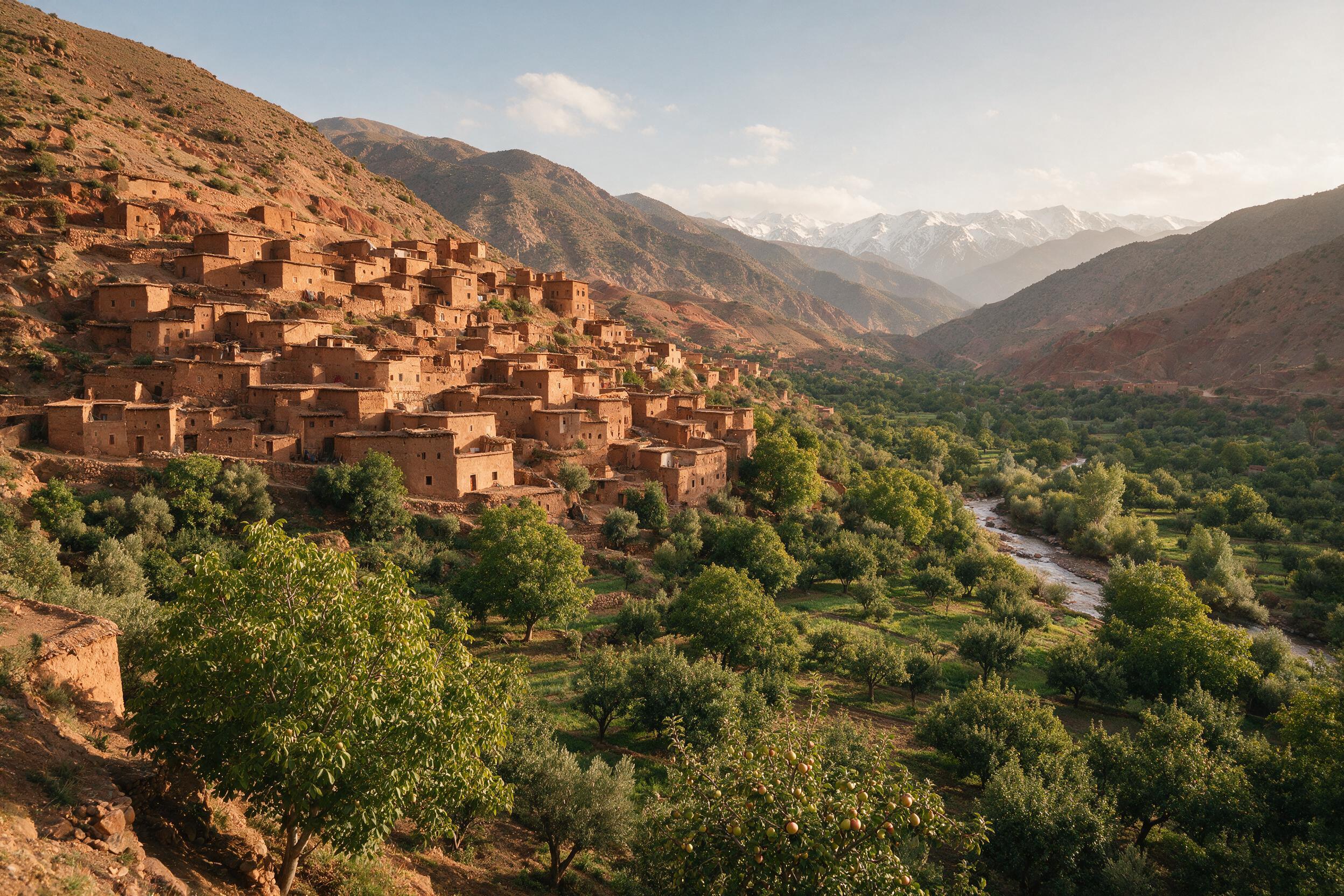 Traditional Berber village with terraced fields in the Atlas Mountains near Ourika Valley