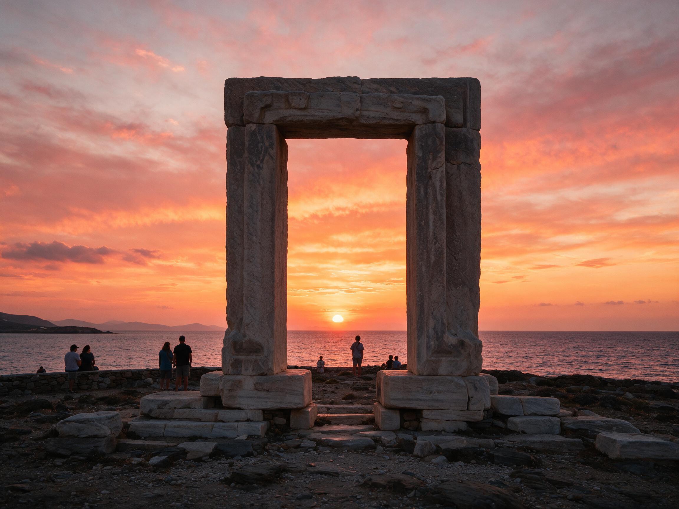 The Portara ancient marble temple doorway on Naxos, Greece silhouetted at sunset