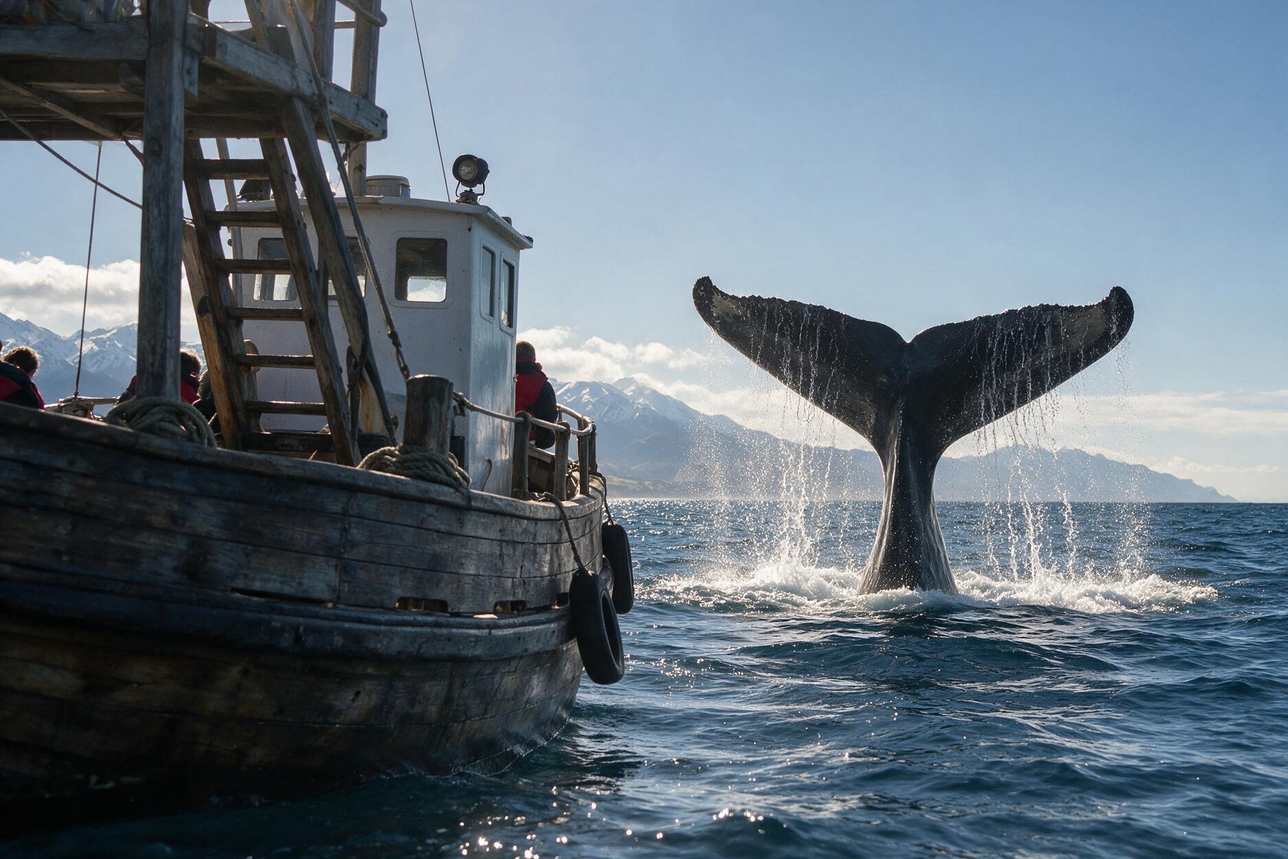 Sperm whale tail diving near a whale watching boat off Kaikoura, New Zealand, with snow-capped mountains behind