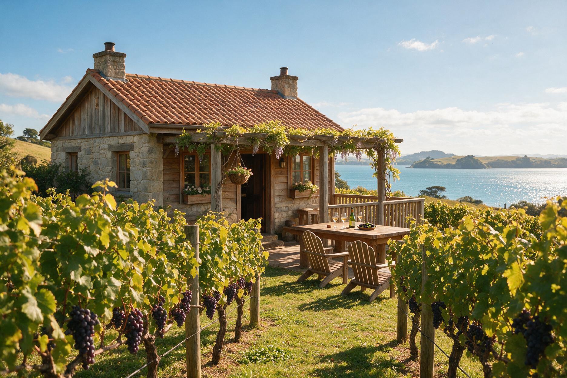 Small boutique winery terrace on Waiheke Island overlooking the Hauraki Gulf with vineyard rows in the foreground