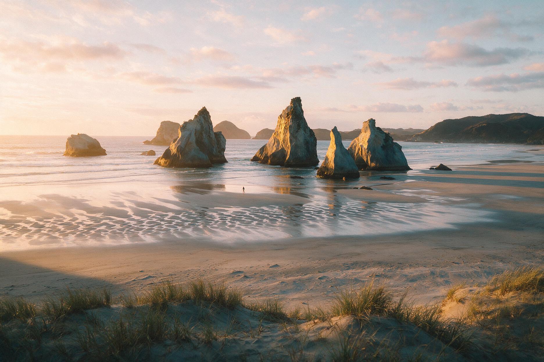 Limestone sea stacks at Wharariki Beach in Golden Bay, New Zealand, at golden hour low tide