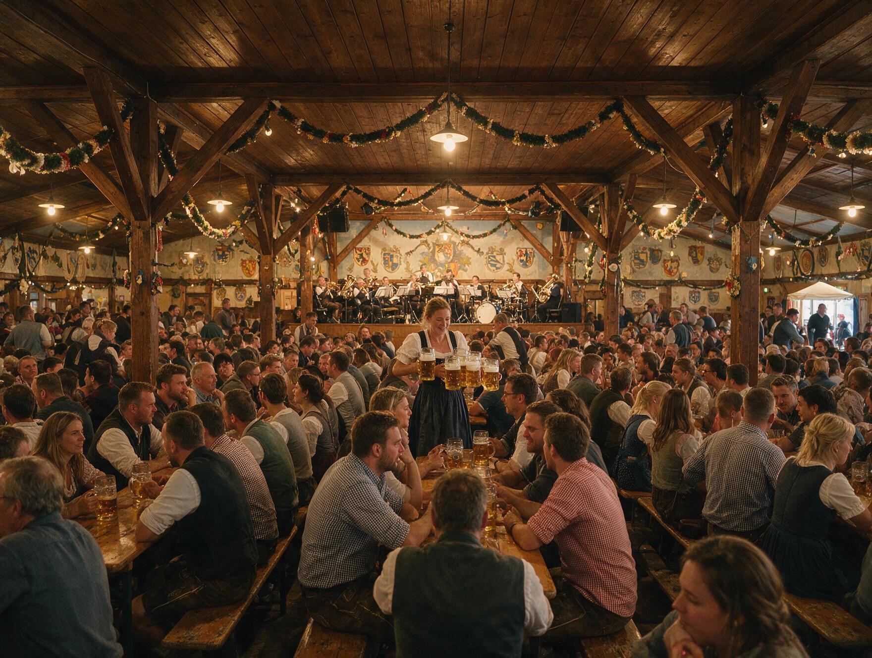 Packed interior of a traditional Oktoberfest beer tent with a server carrying full beer steins