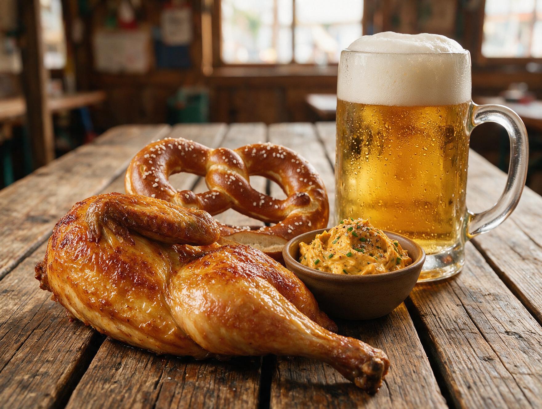 Traditional Oktoberfest food spread with roast chicken, pretzel and a litre beer stein