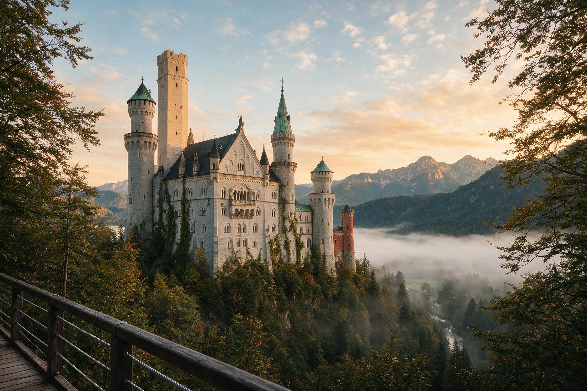 Neuschwanstein Castle in Bavaria on a misty autumn morning, a popular day trip from Munich during Oktoberfest
