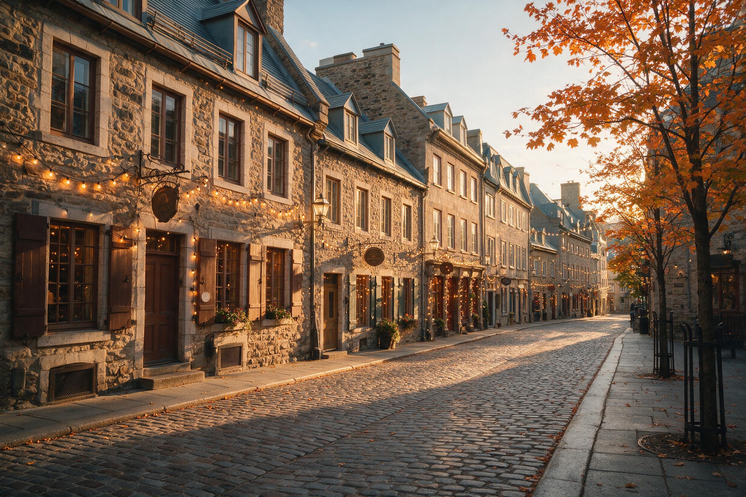 Cobblestone street in Old Montreal lined with historic stone buildings and warm string lights at golden hour in early autumn