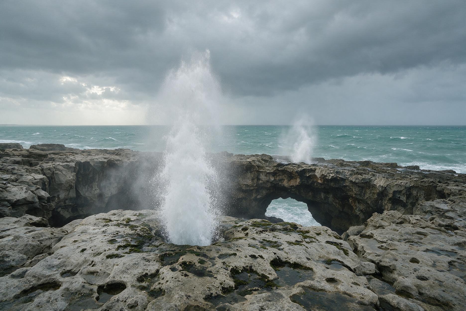 Sea spray shooting through the blowholes at Al Mughsail Beach near Salalah during Khareef monsoon swell