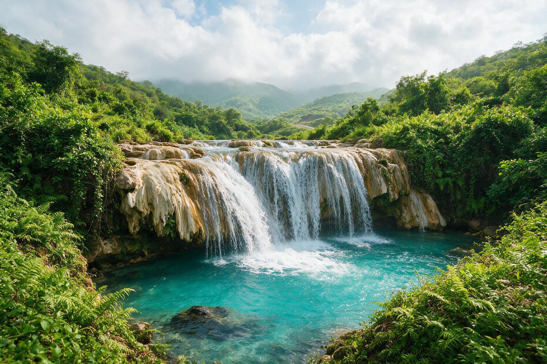 Ayn Athum springs near Salalah with water spilling over limestone into aquamarine pools during Khareef season