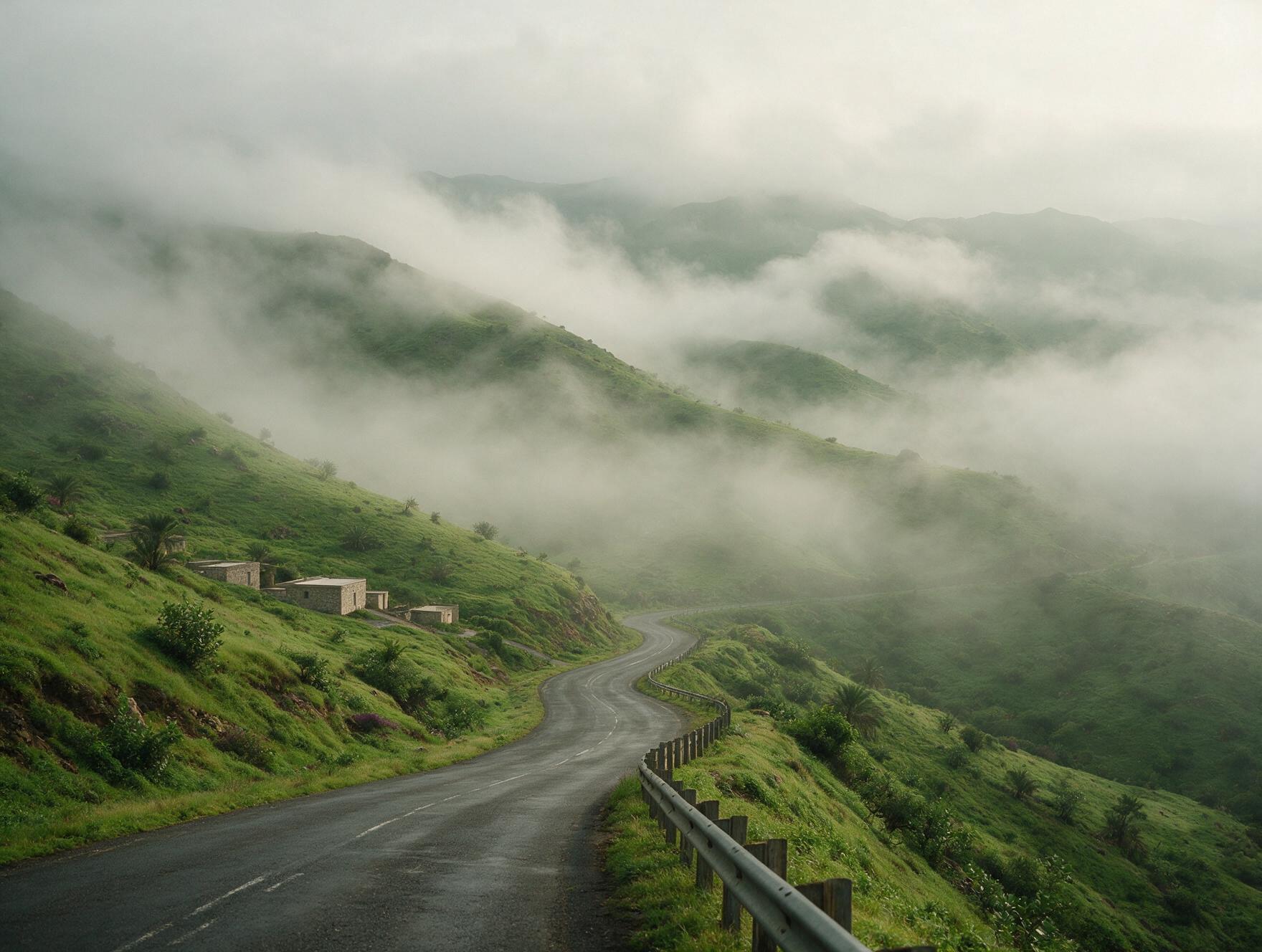Fog rolling over a green mountain road in the Dhofar mountains near Salalah during Khareef season