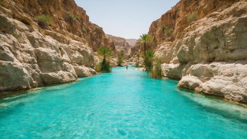 Turquoise pools of Wadi Shab canyon in Oman, a hidden hike near Tiwi on Oman's coast