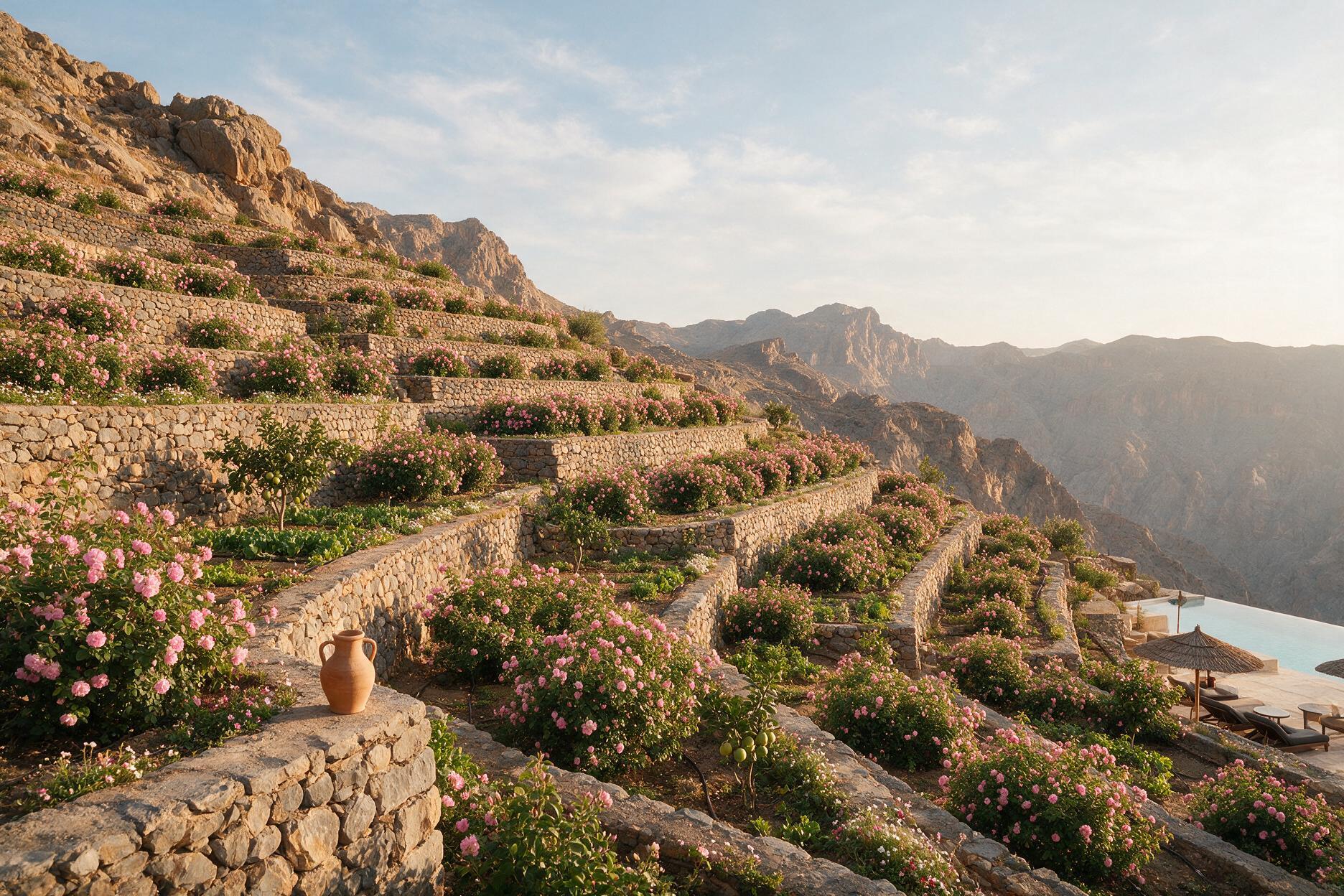 Terraced Damask rose gardens on Jebel Akhdar mountain, Oman's rose harvest season near Nizwa