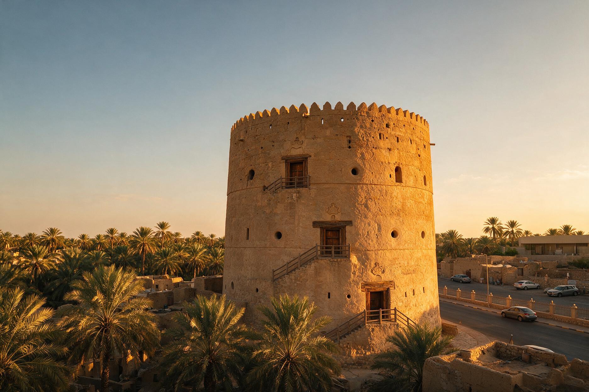 Nizwa Fort's round tower at golden hour, near Oman's famous Friday livestock souq