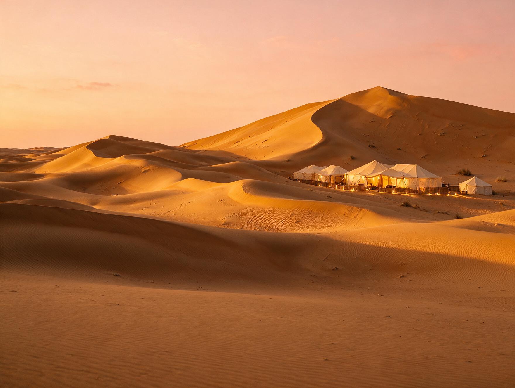 Golden dunes of Wahiba Sands desert at sunset with a luxury desert camp in Oman