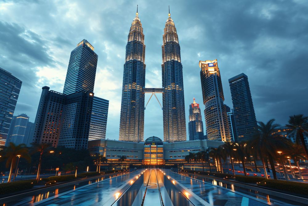 Petronas Twin Towers illuminated at dusk viewed from KLCC Park