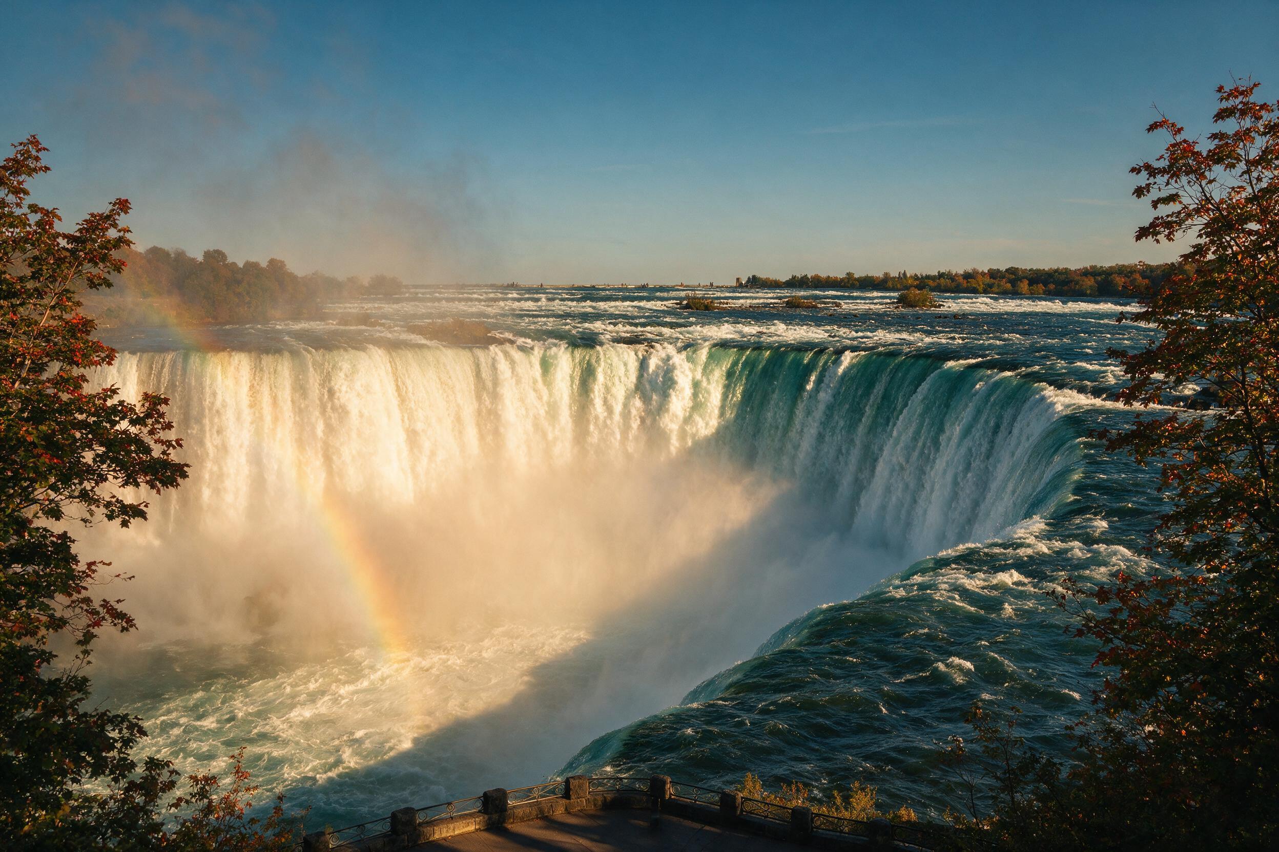 Horseshoe Falls at Niagara Falls with autumn foliage beginning to turn along the promenade