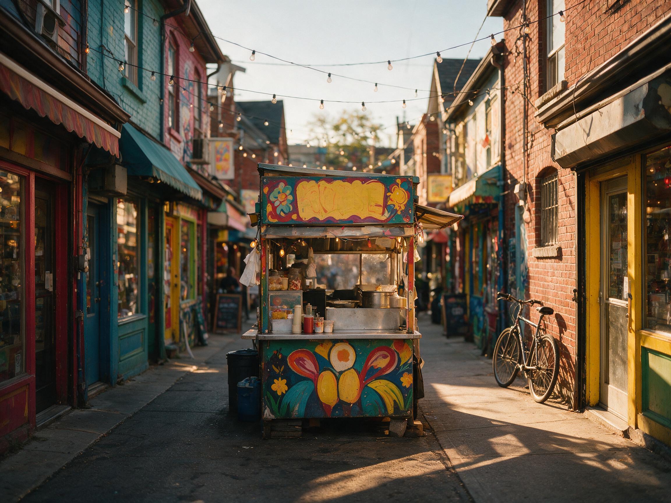 Colorful independent food stalls and storefronts in Toronto's Kensington Market neighborhood