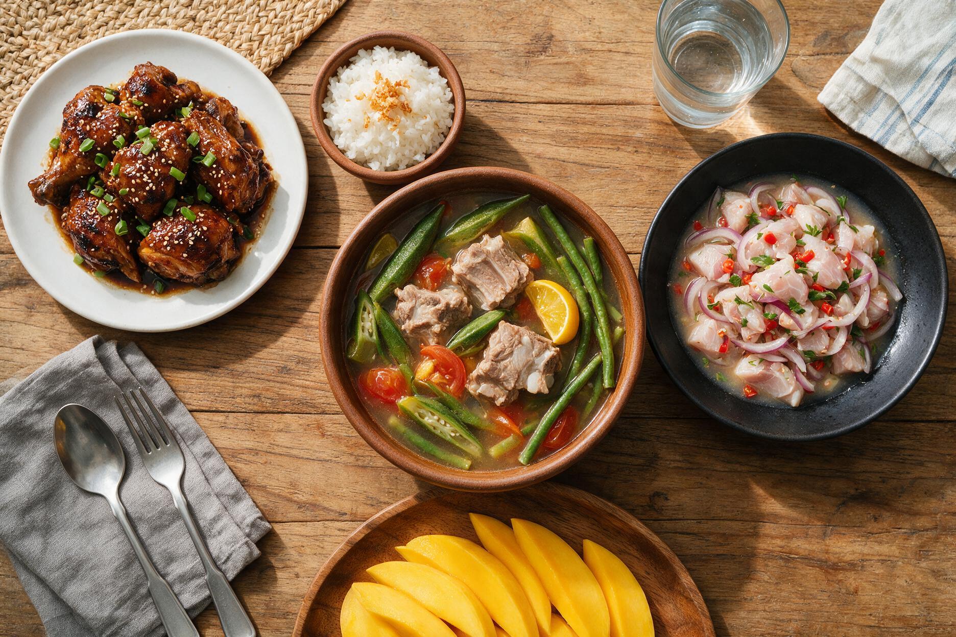 A spread of Filipino food including adobo, sinigang, and kinilaw ceviche