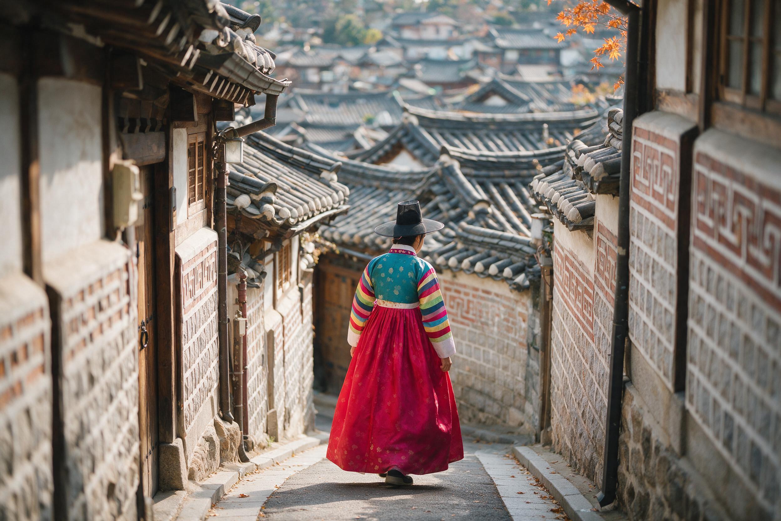 Traveller in a rented hanbok walking through Bukchon Hanok Village alleys in Seoul