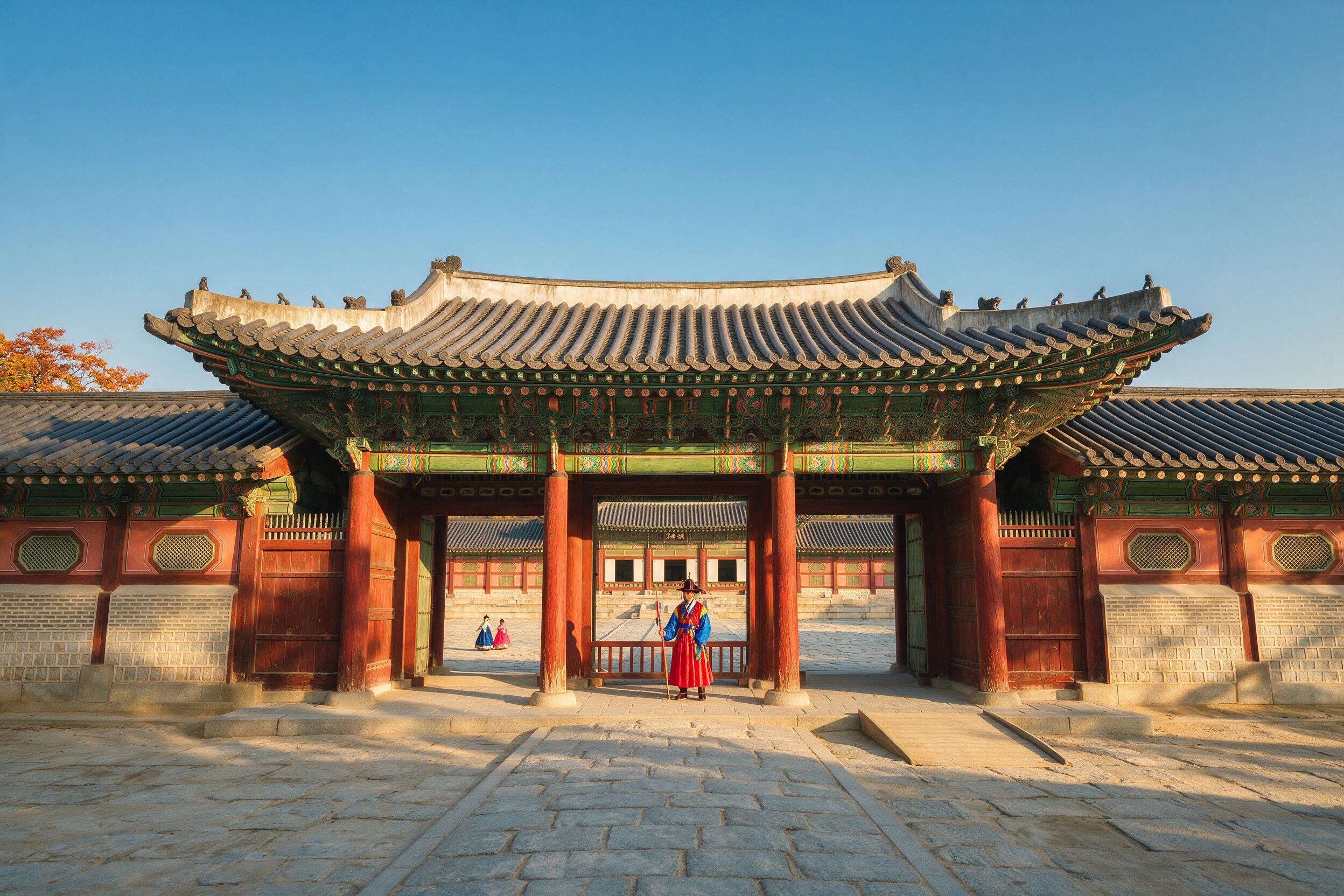Gyeongbokgung Palace courtyard with a ceremonial guard during the Changing of the Guard in Seoul