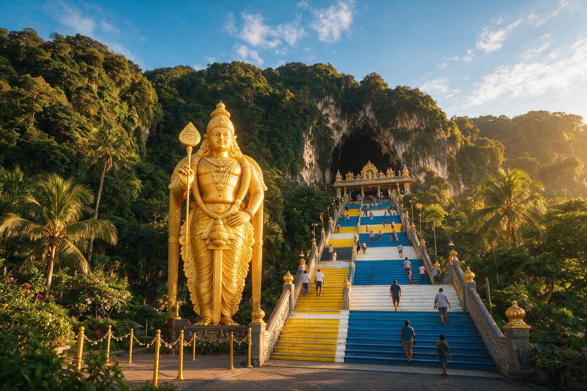 The golden statue and steep steps at Batu Caves, Kuala Lumpur, Malaysia
