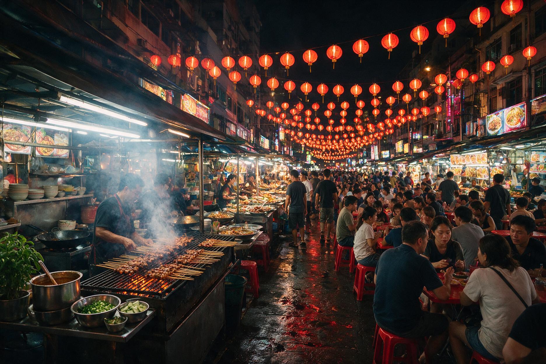 Jalan Alor food street at night in Kuala Lumpur with satay grills and lanterns