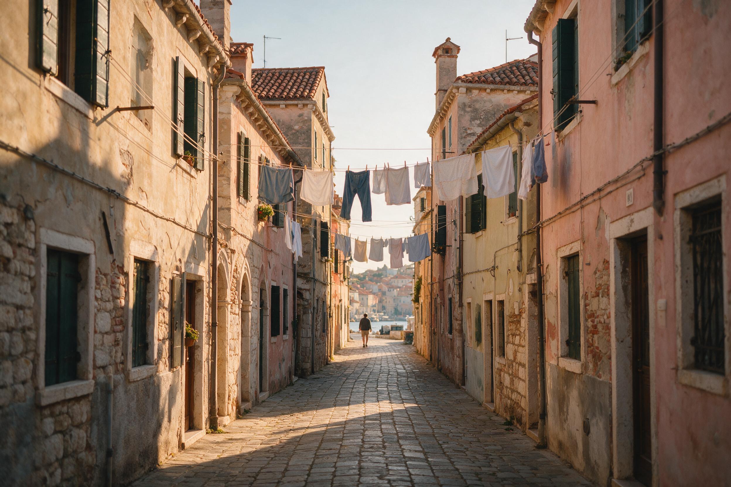 Narrow Venetian-era alley in Piran's old town on Slovenia's Adriatic coast