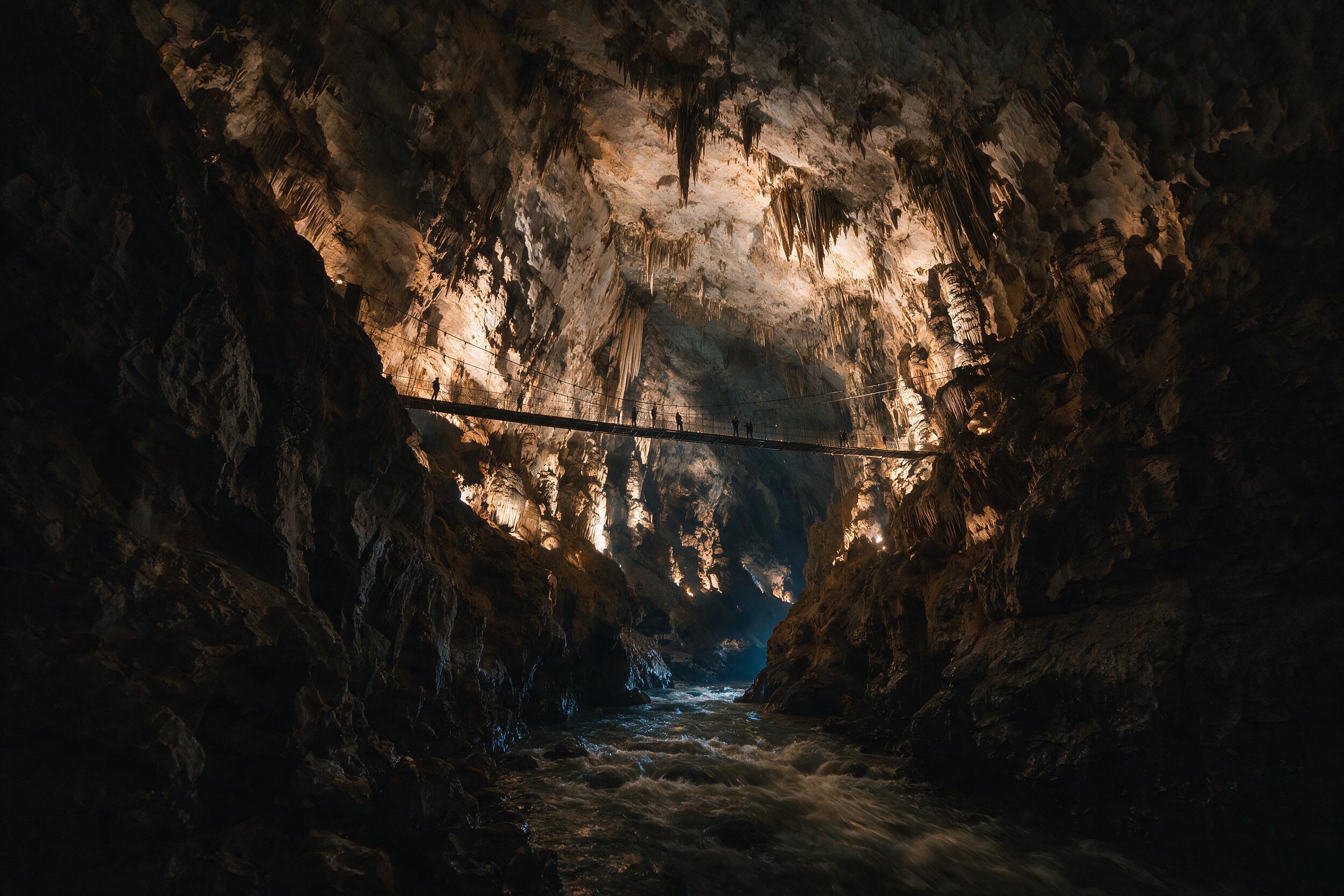 Suspension bridge over the underground canyon inside Škocjan Caves, Slovenia