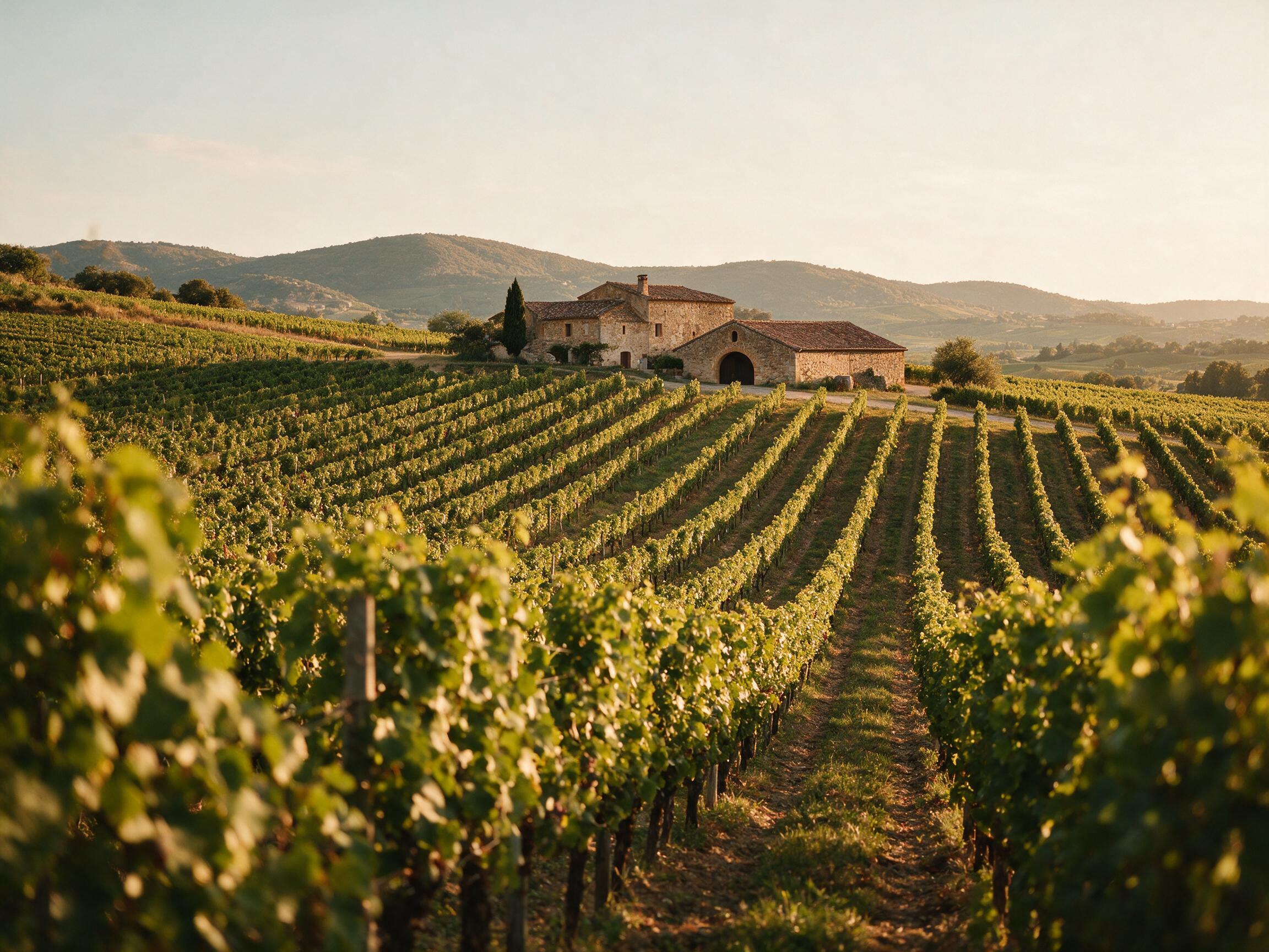 Vineyard rows in Slovenia's Vipava Valley wine country at sunset