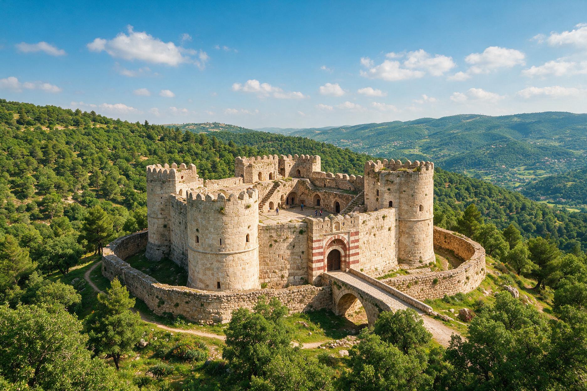 Ajloun Castle, a medieval Ayyubid hilltop fortress in northern Jordan surrounded by forest