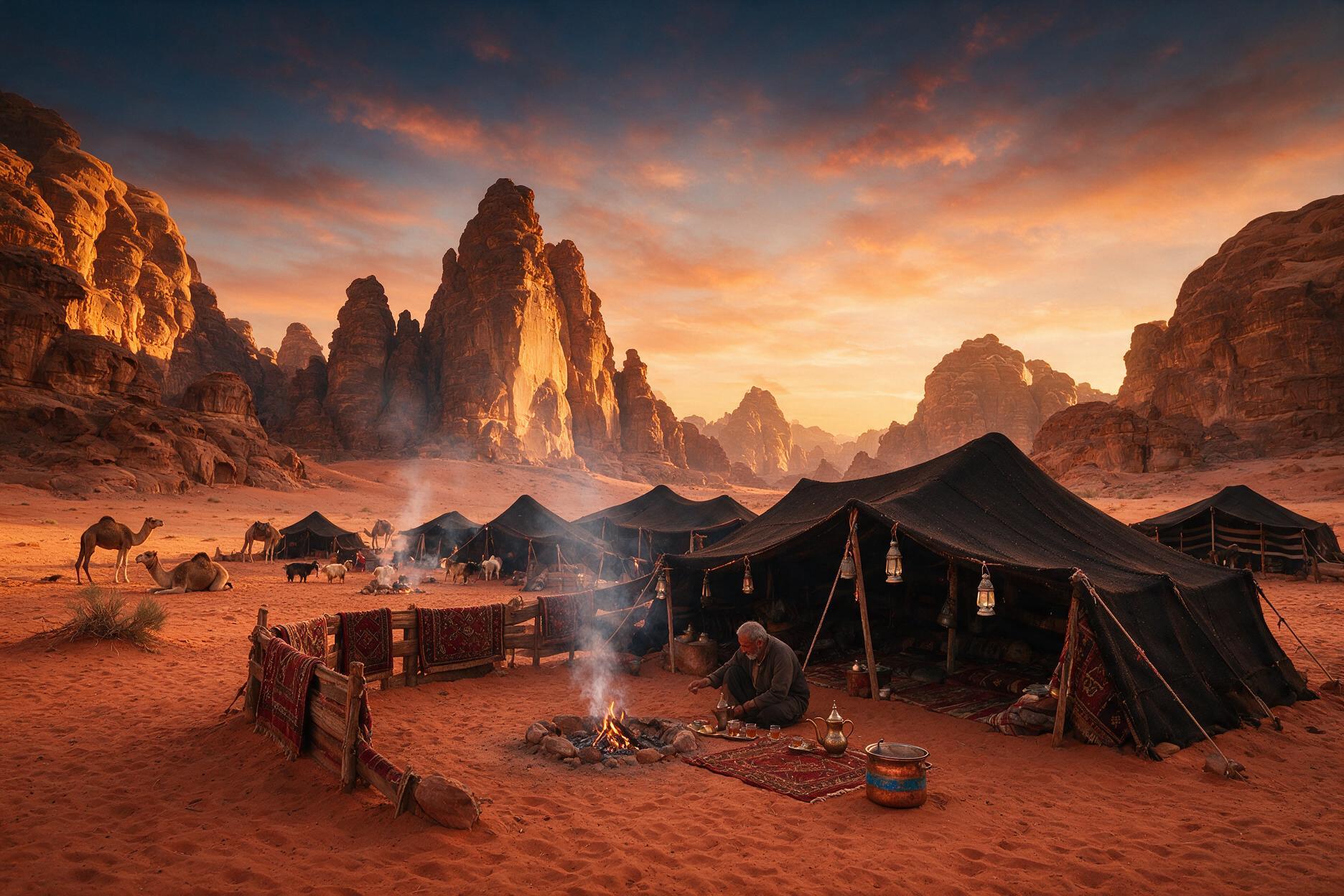 A traditional Bedouin tent camp in Wadi Rum desert, Jordan, at sunset