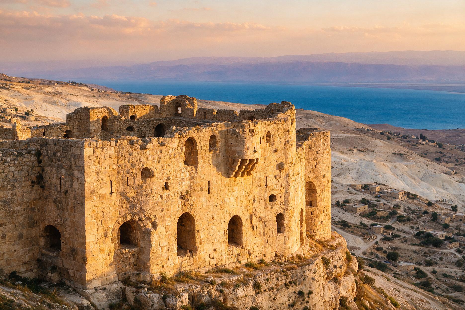 Karak Castle ramparts in Jordan overlooking the valley toward the Dead Sea