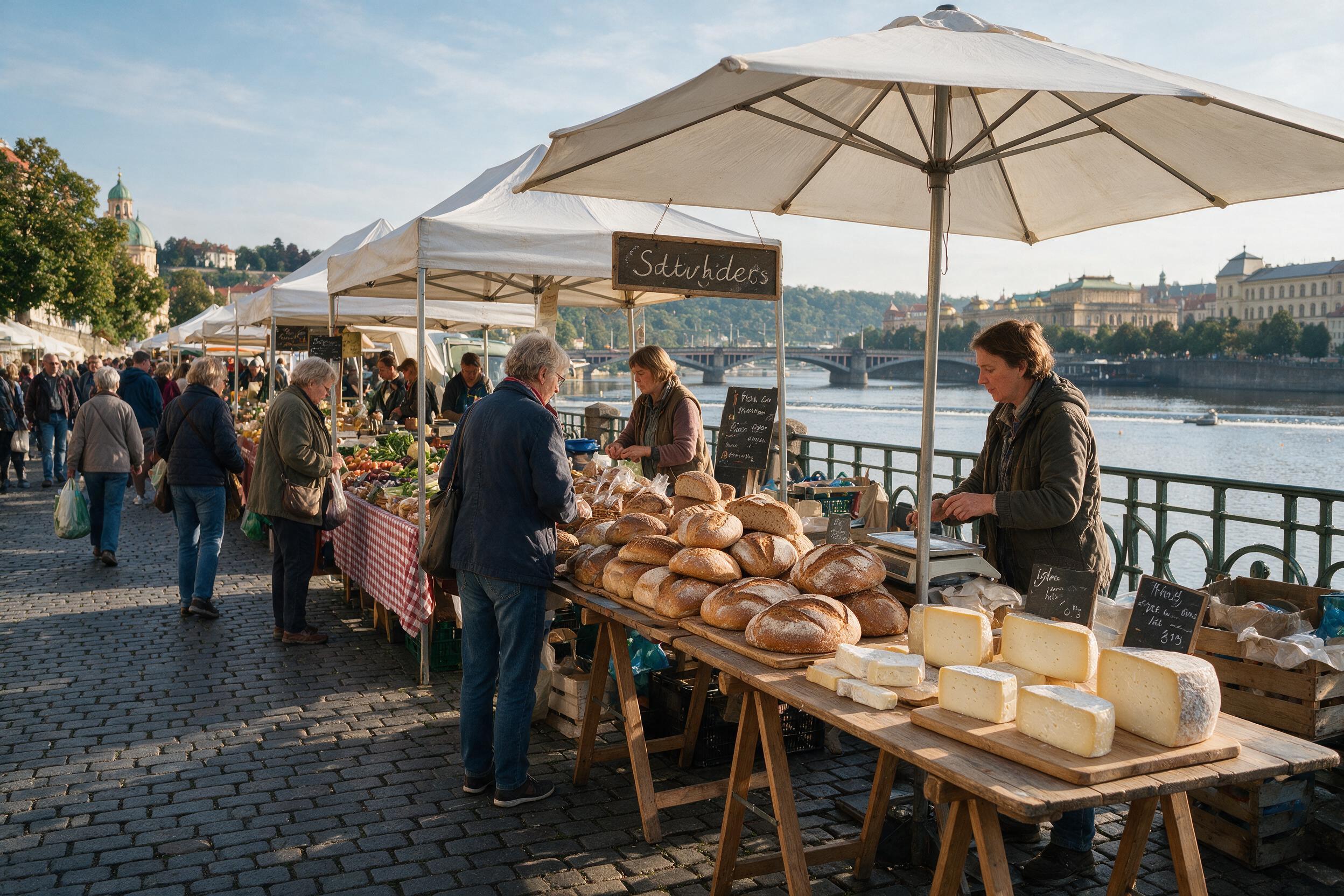 Saturday farmers market stalls along the Vltava riverside at Naplavka, Prague