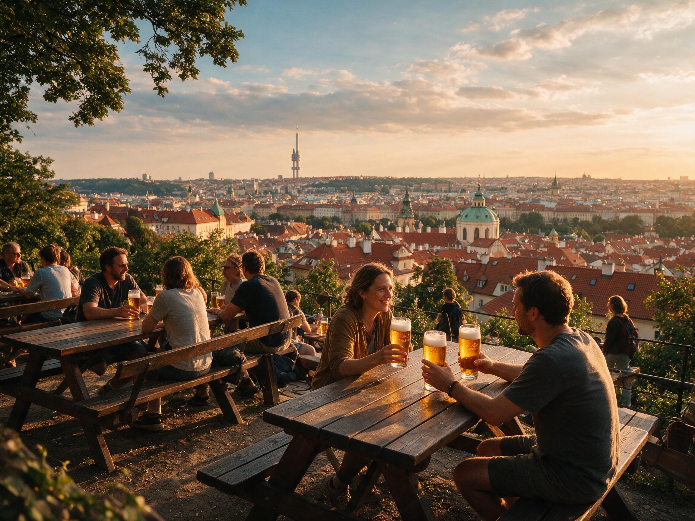 Hillside beer garden at Riegrovy Sady park in Prague at sunset, overlooking the city rooftops