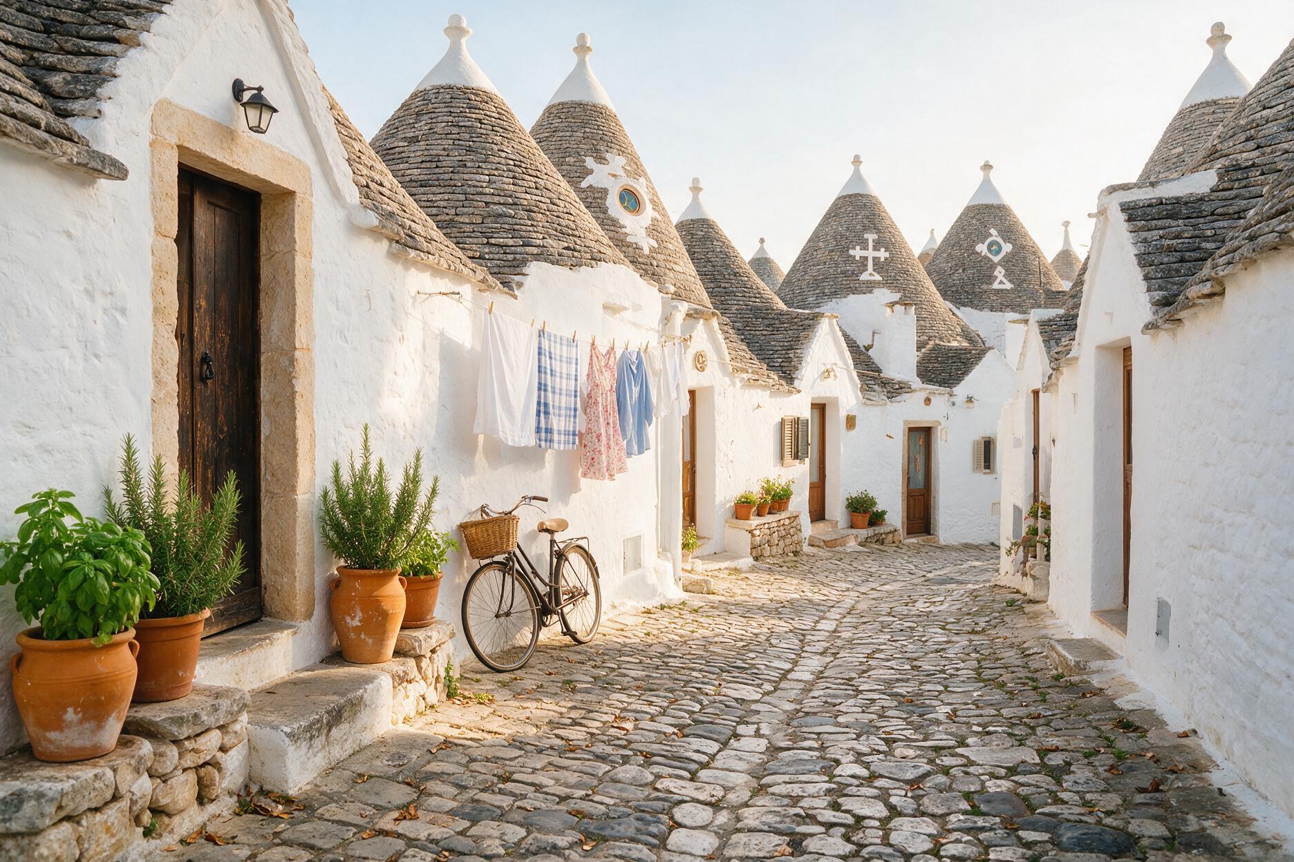 A quiet residential lane lined with whitewashed trulli houses in Rione Aia Piccola, Alberobello, Puglia