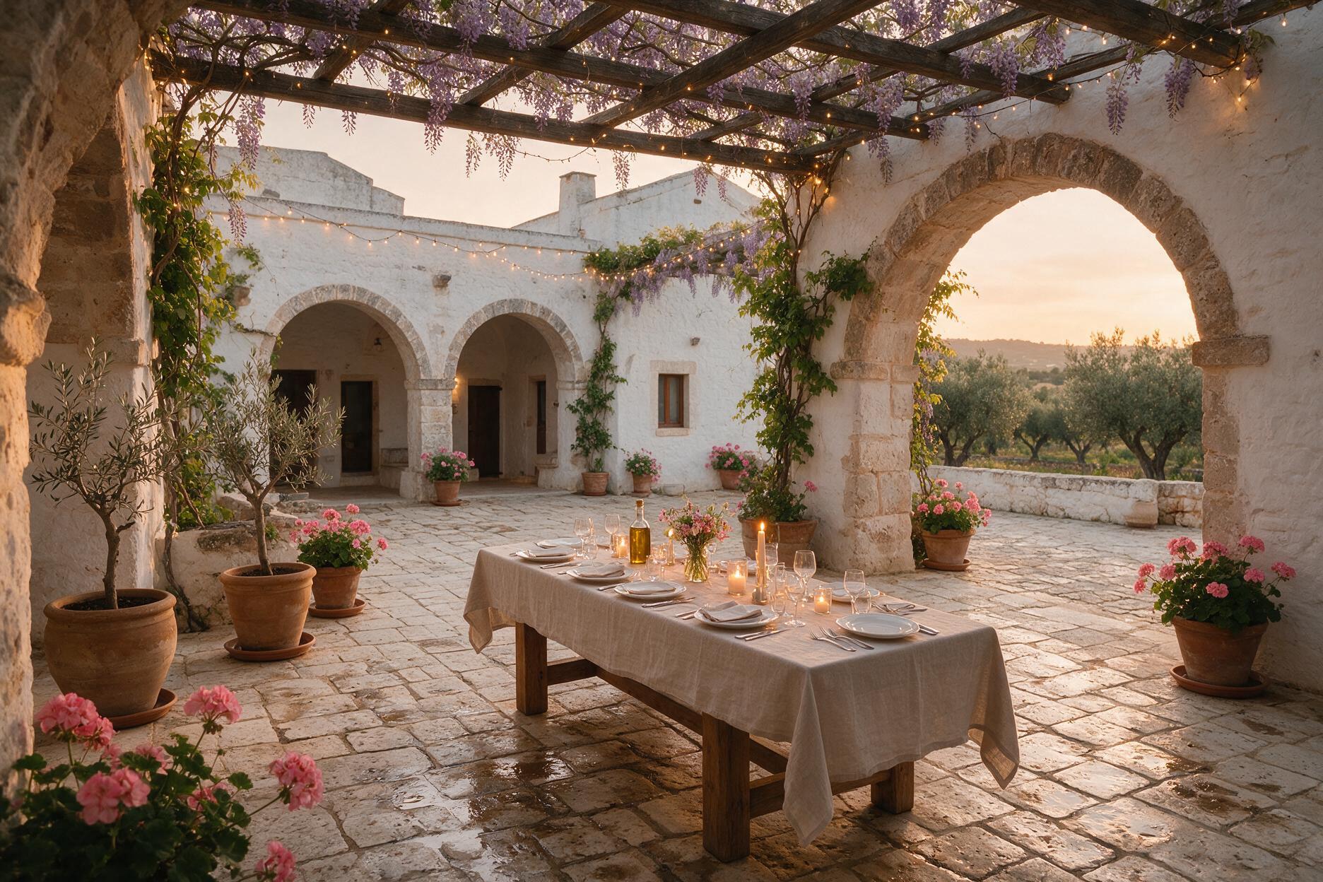 Courtyard of a boutique masseria in Puglia's Valle d'Itria with a candlelit dinner table, wisteria and olive trees