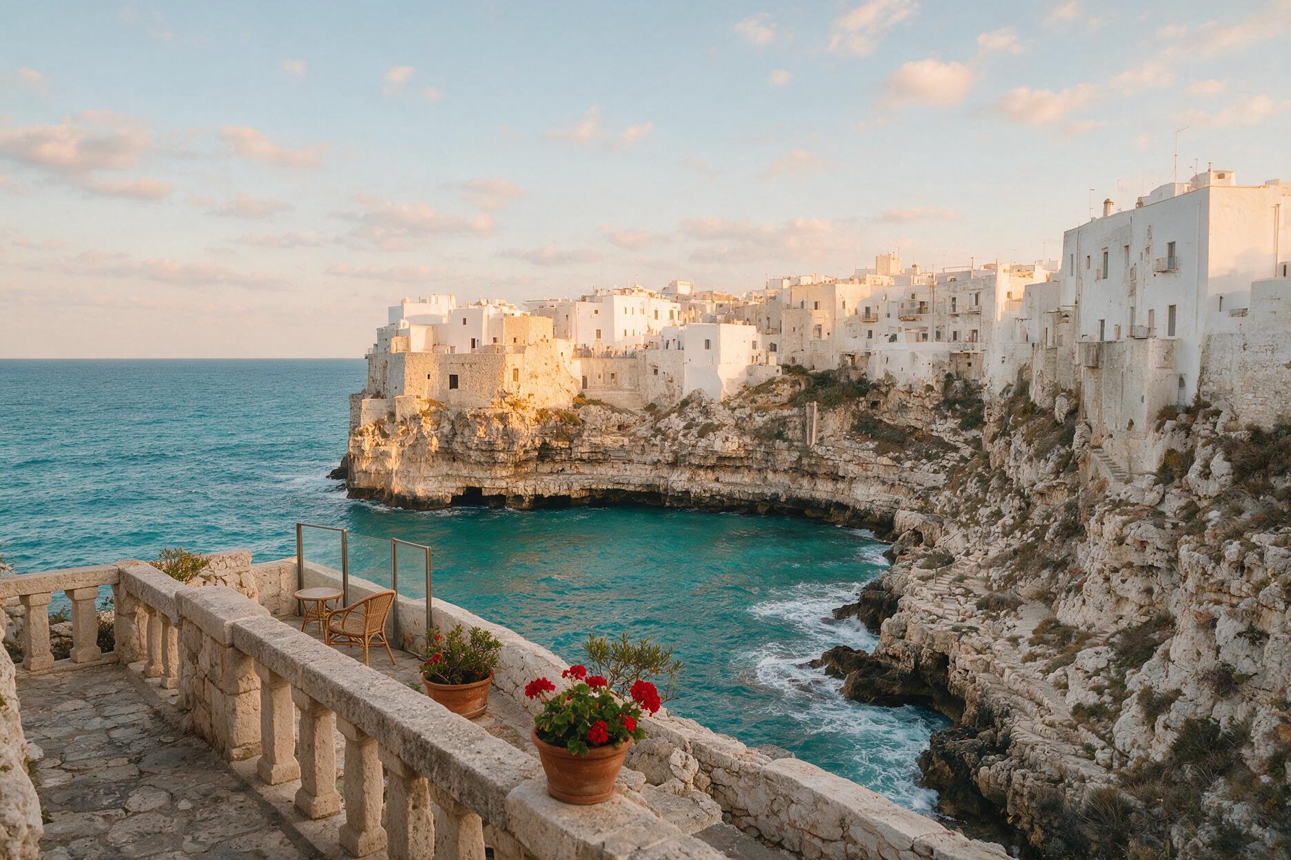 Golden hour view of Polignano a Mare's clifftop old town from a lesser-known terrace away from the main bridge viewpoint