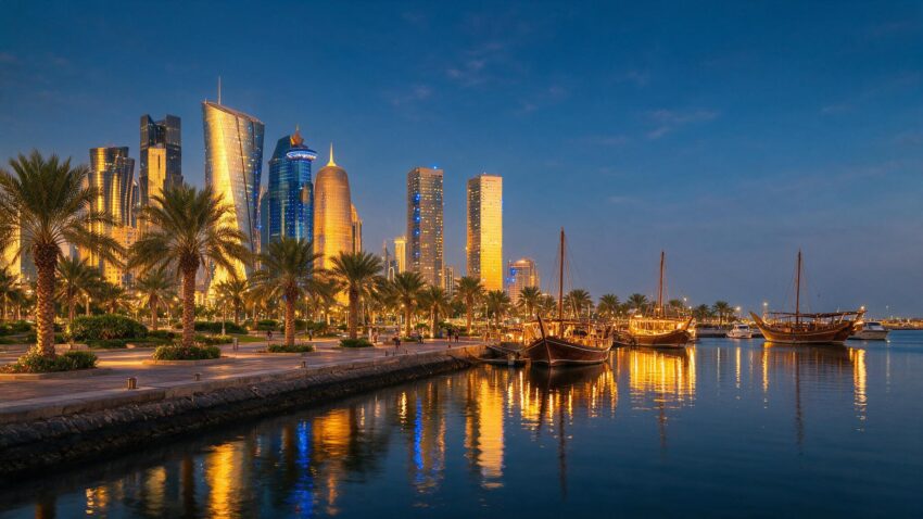Doha skyline at sunset seen from the Corniche, the destination now reachable via the new direct Bengaluru to Doha flight