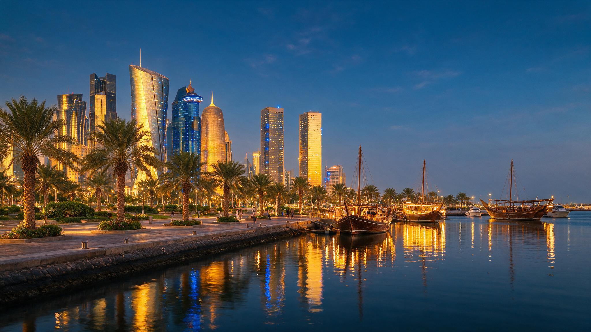 Doha skyline at sunset seen from the Corniche, the destination now reachable via the new direct Bengaluru to Doha flight