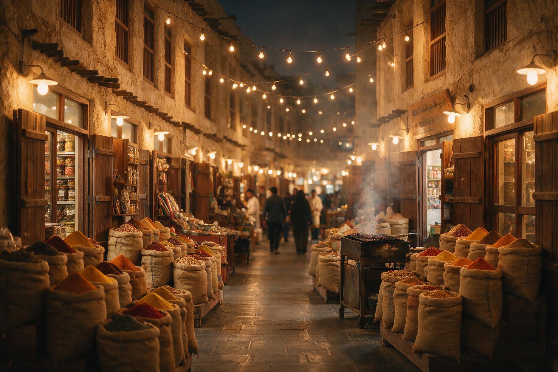 Souq Waqif market lanes lit up in the evening in Doha, Qatar