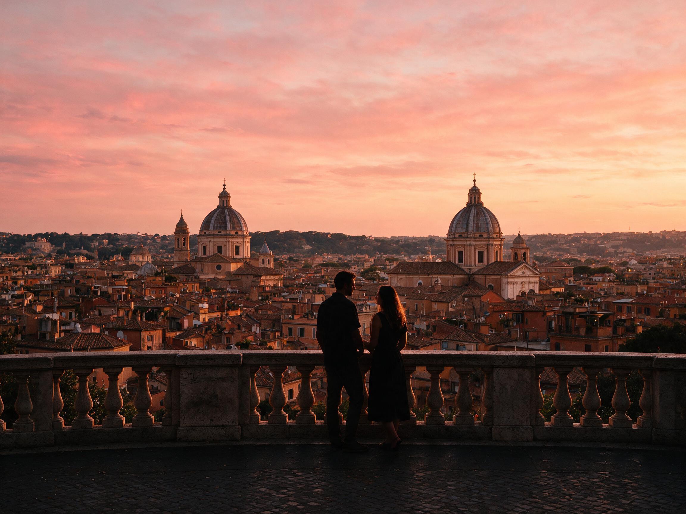 Panoramic sunset view over Rome's rooftops from Gianicolo Hill