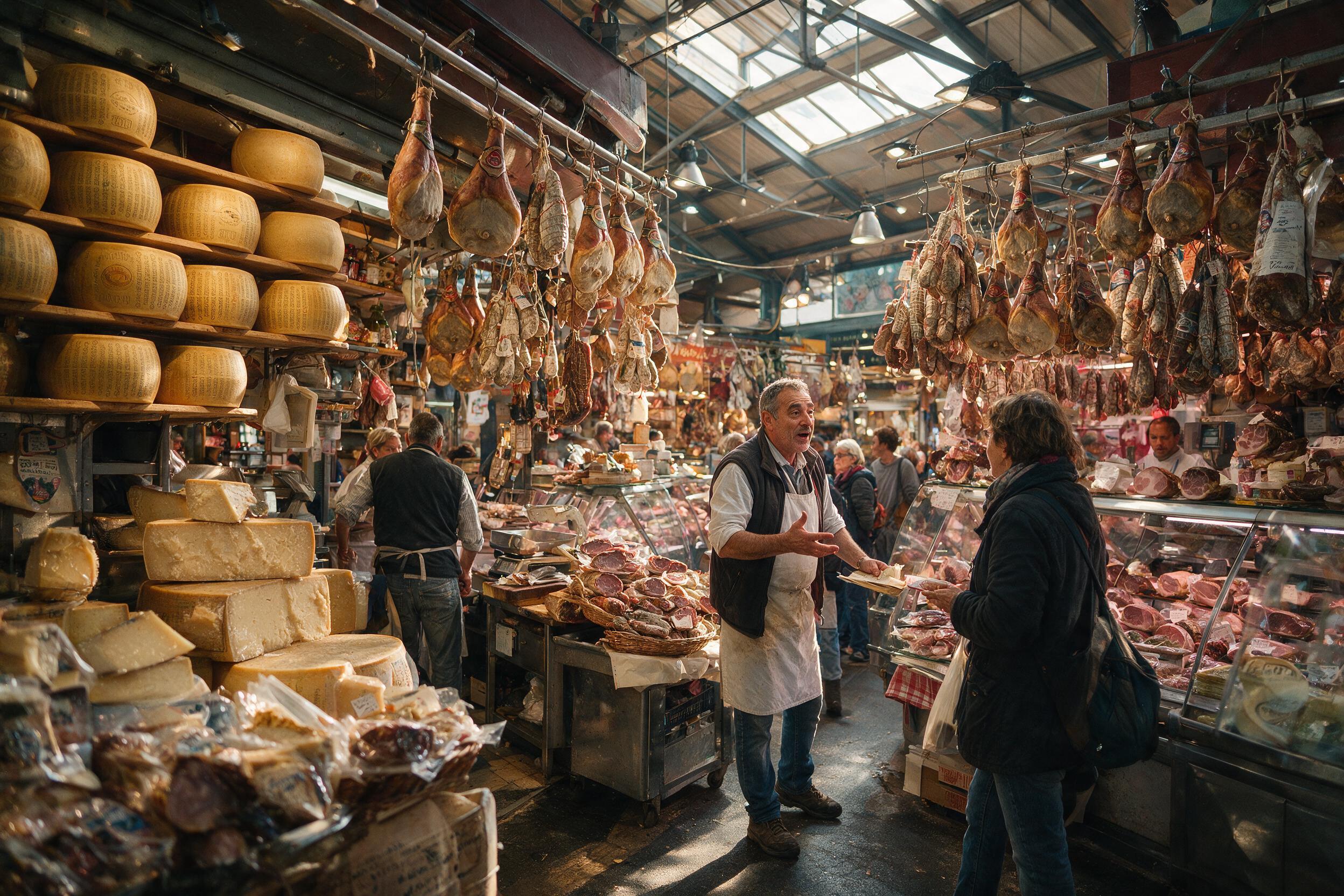 Bustling covered food market in Testaccio, Rome with cheese and cured meats on display