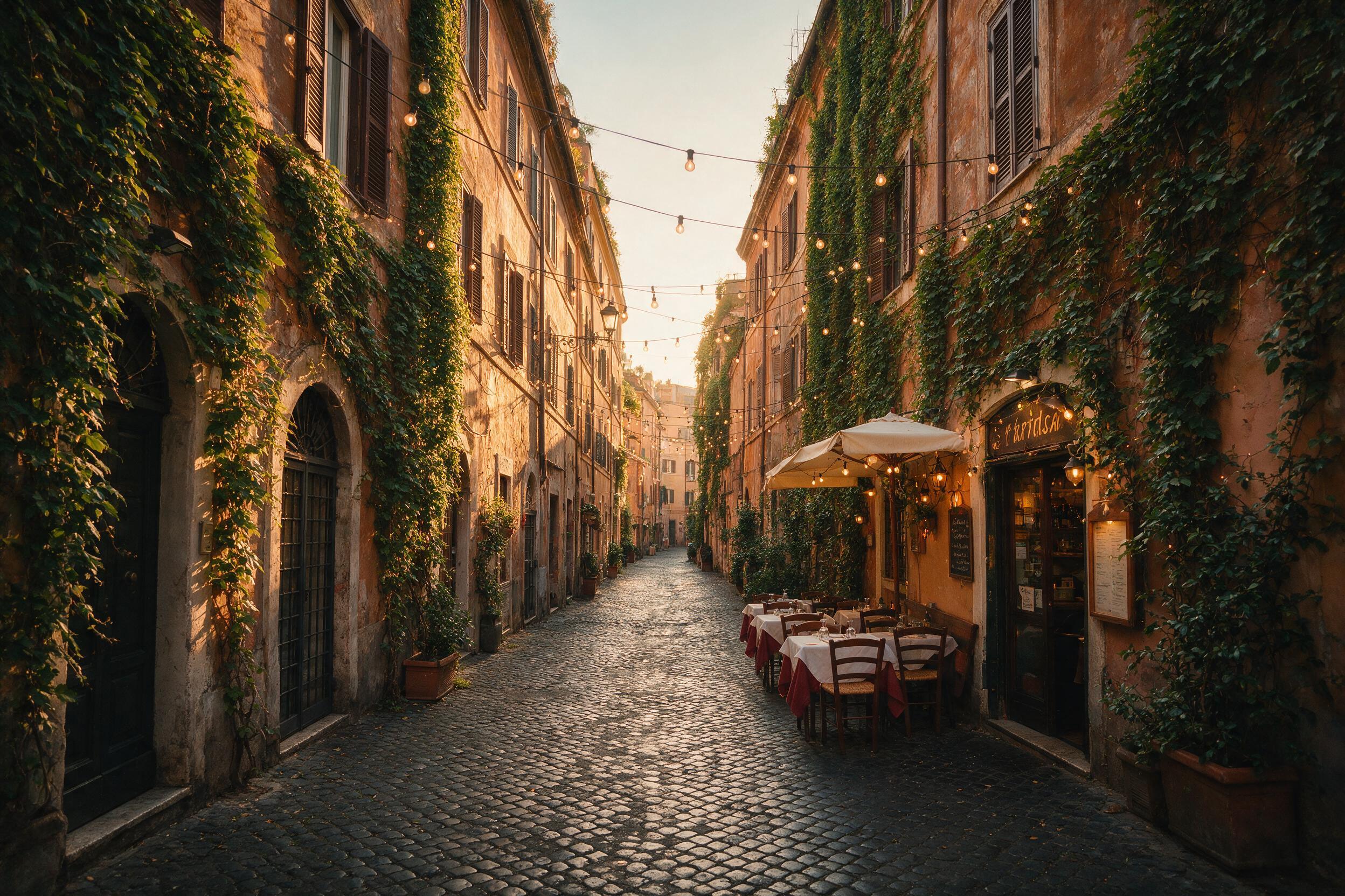 Cobblestone street in Trastevere, Rome lined with ivy-covered buildings at golden hour