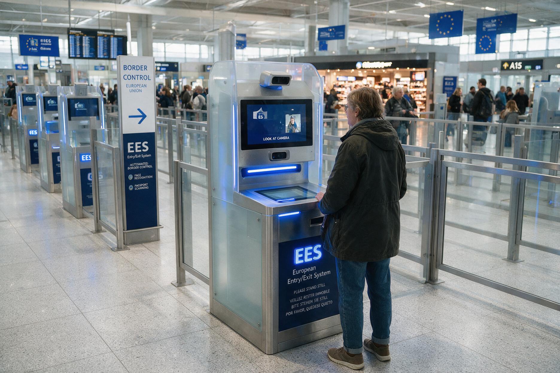 EU Entry Exit System biometric border kiosk, Europe travel 2026