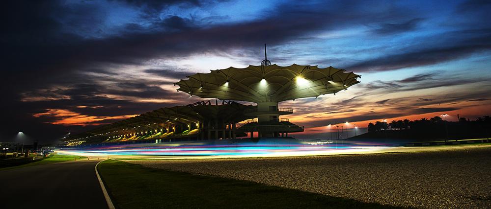 Sepang International Circuit F1 race with grandstands and Kuala Lumpur skyline
