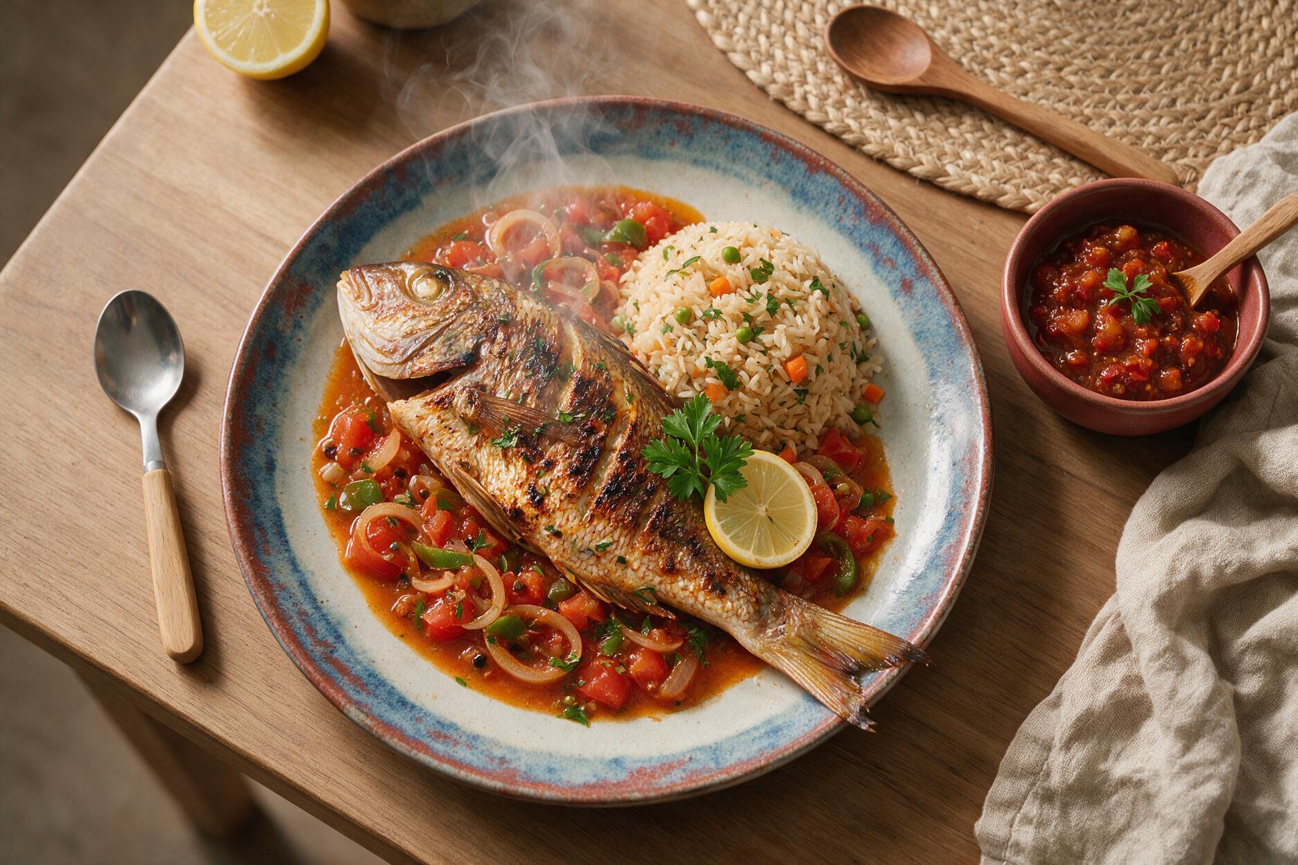 Seychellois Creole grilled fish with rice and chili chutney